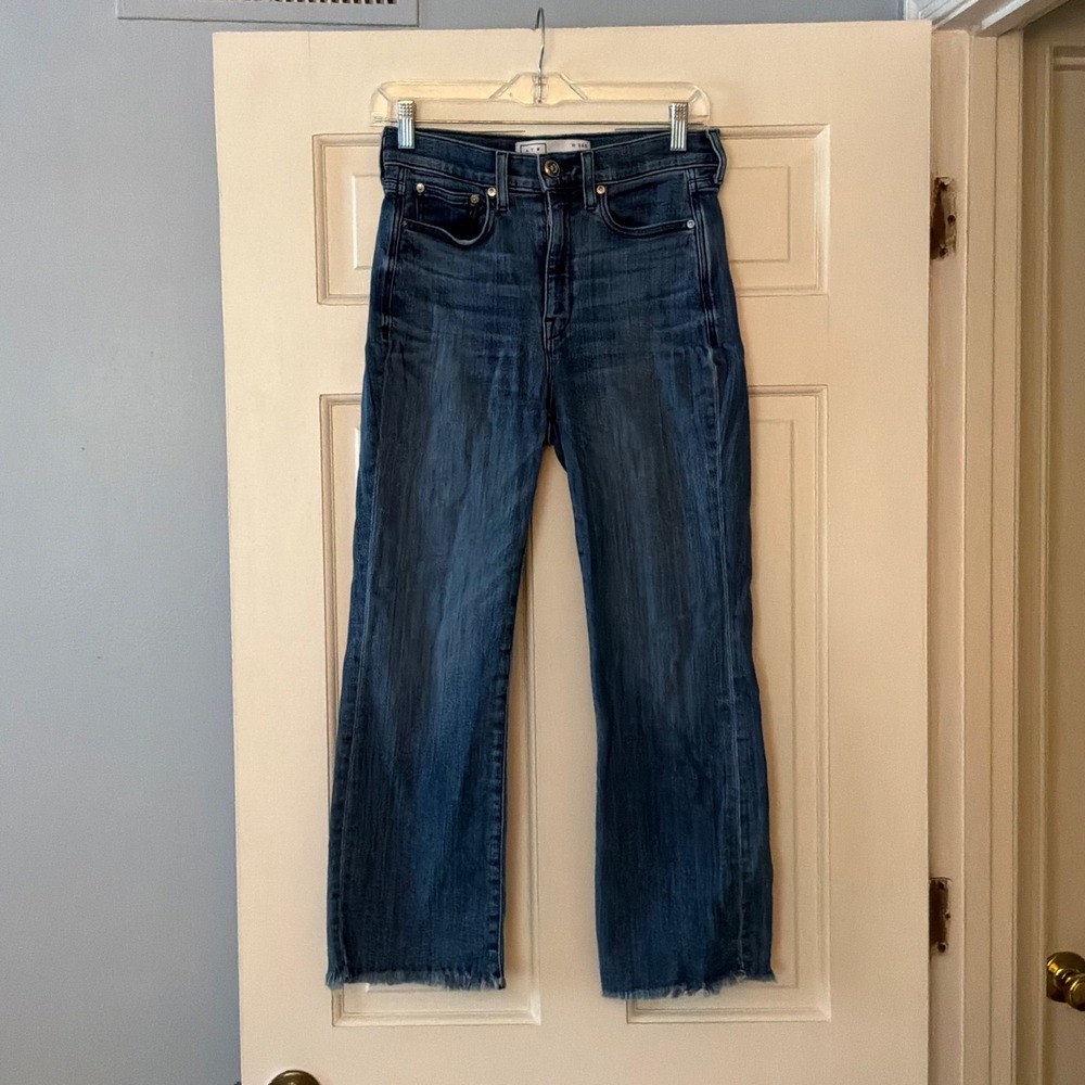 AYR The Pop High Rise Straight Leg Jeans Blue Raw Hem 28S 28 Short Denim Casual